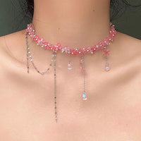 Thumbnail for Sweet Glass Flower Beaded Crystal Tassel Choker Necklace - ArtGalleryZen