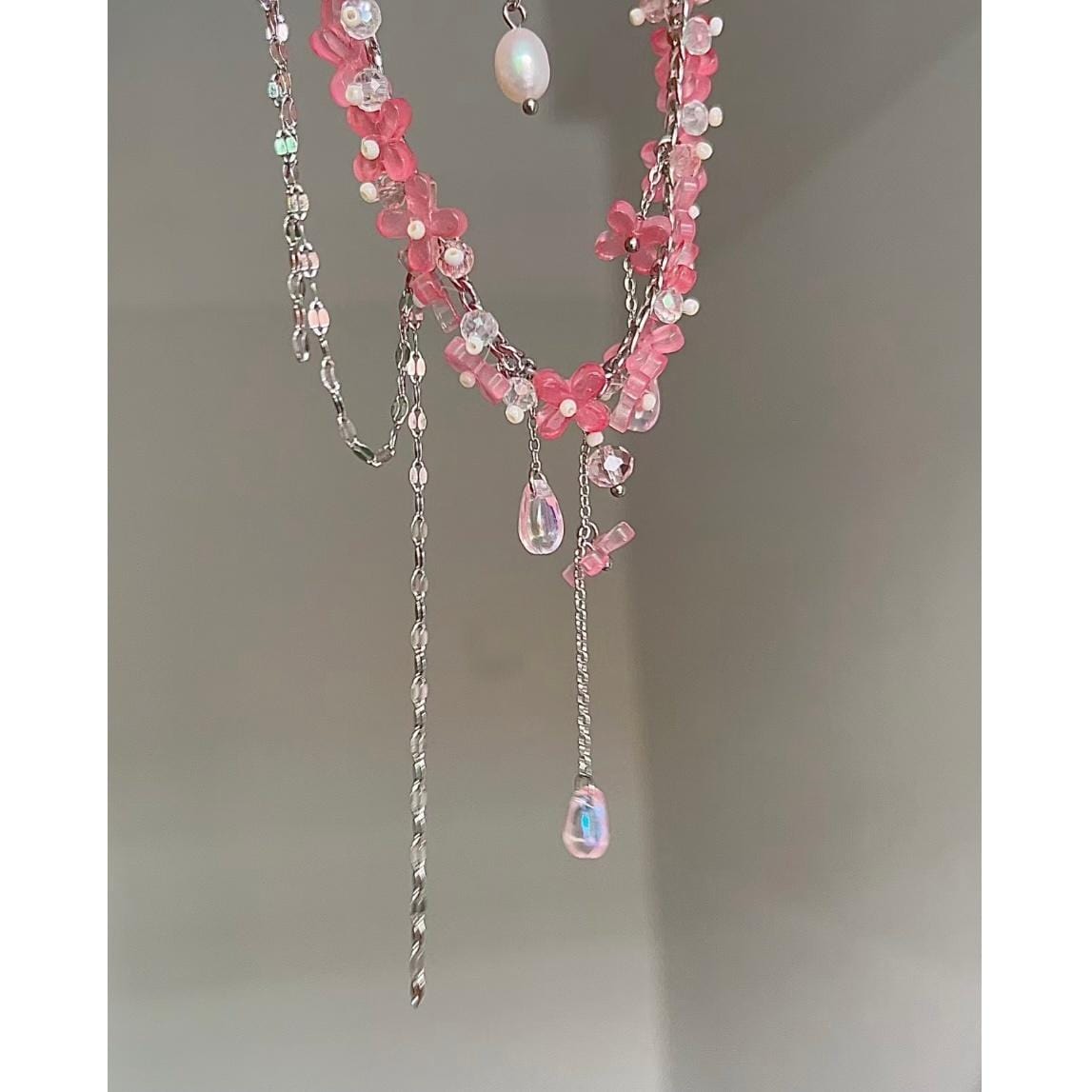Sweet Glass Flower Beaded Crystal Tassel Choker Necklace - ArtGalleryZen