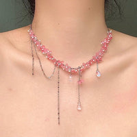 Thumbnail for Sweet Glass Flower Beaded Crystal Tassel Choker Necklace - ArtGalleryZen