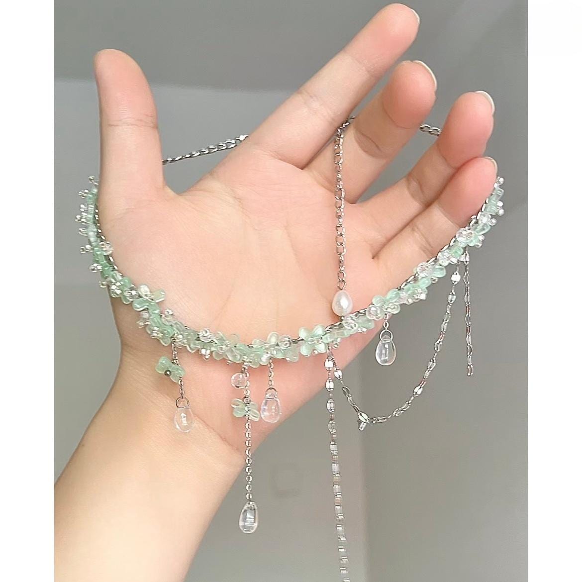 Sweet Glass Flower Beaded Crystal Tassel Choker Necklace