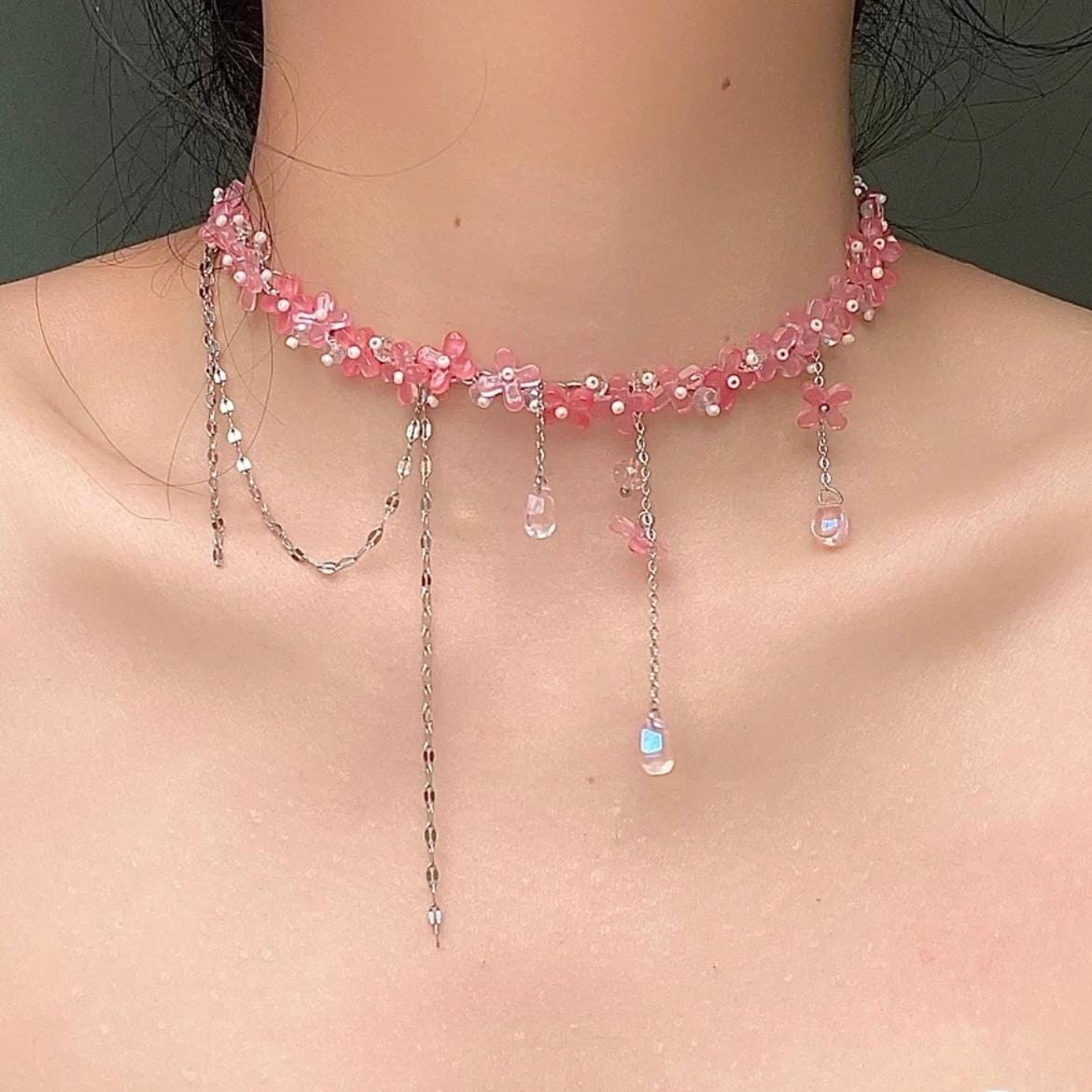 Sweet Glass Flower Beaded Crystal Tassel Choker Necklace