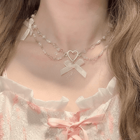 Thumbnail for Sweet Layered Bowknot Heart Charm Pearl Chain Necklace - ArtGalleryZen