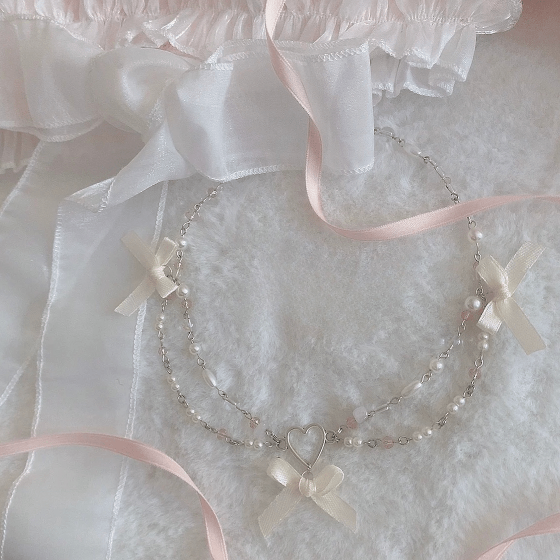 Sweet Layered Bowknot Heart Charm Pearl Chain Necklace - ArtGalleryZen