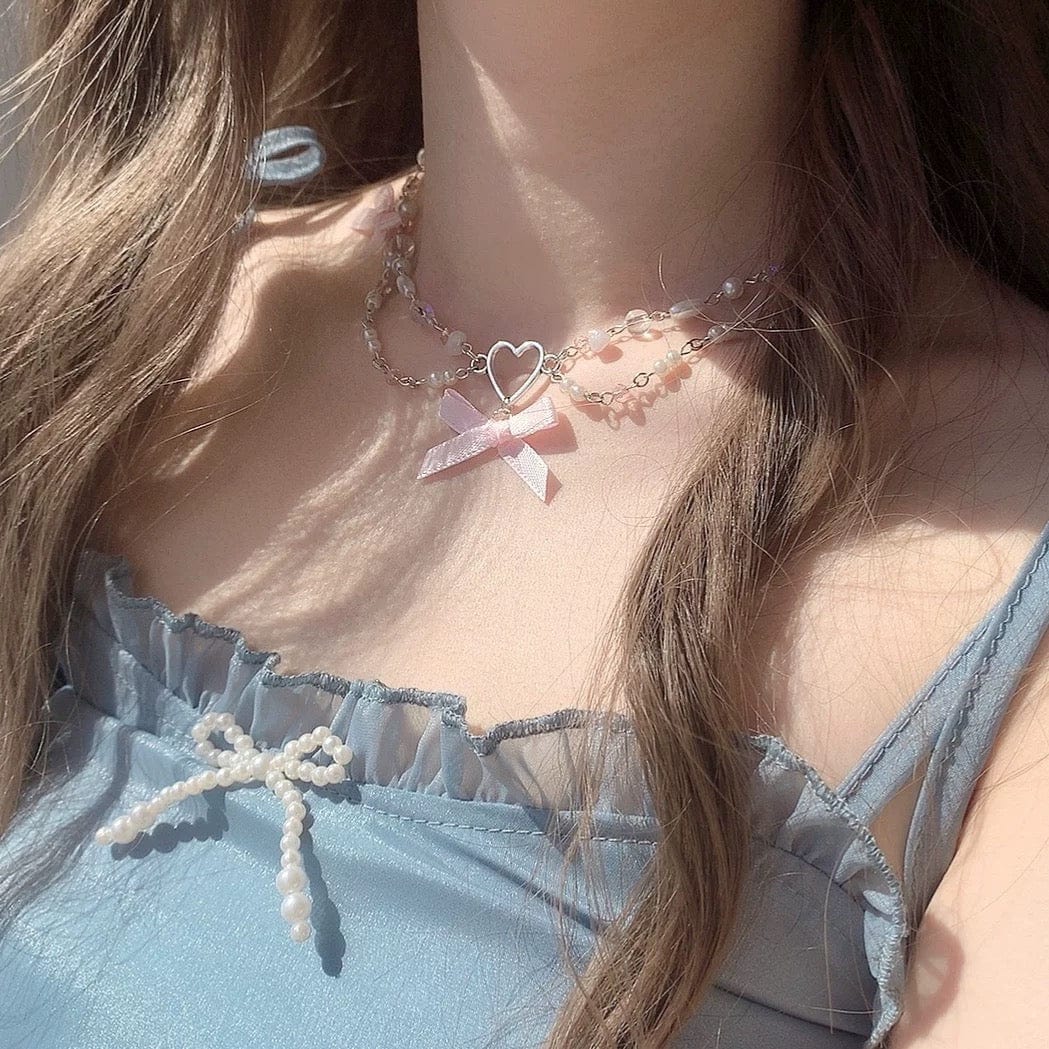 Sweet Layered Bowknot Heart Charm Pearl Chain Necklace