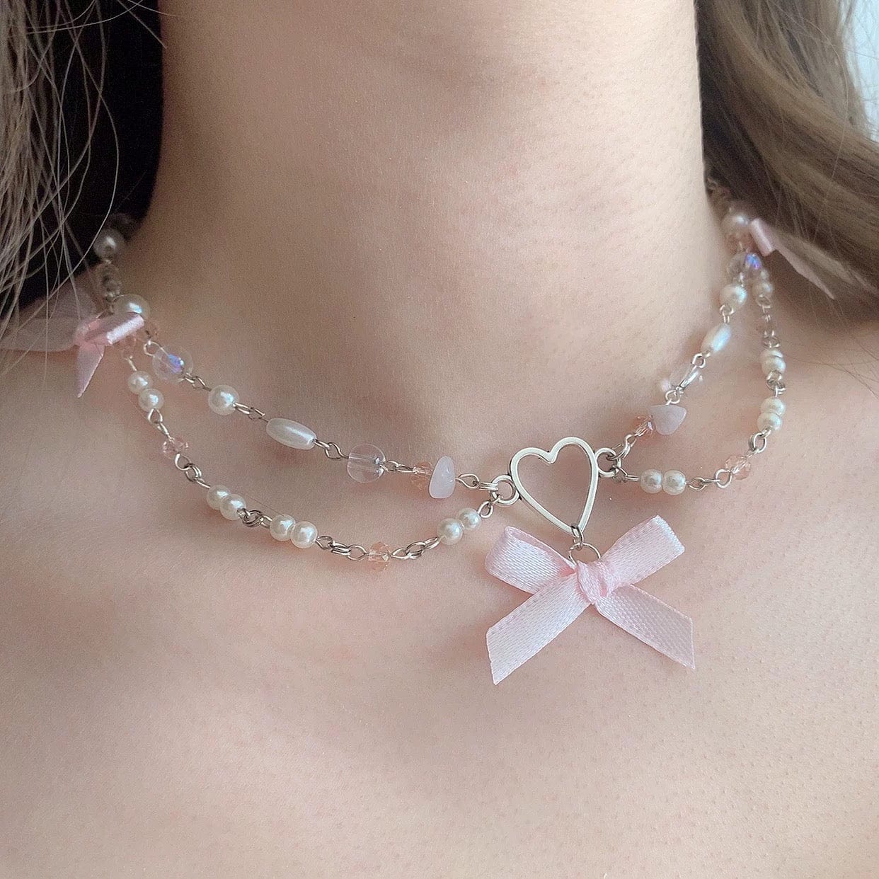 Sweet Layered Bowknot Heart Charm Pearl Chain Necklace