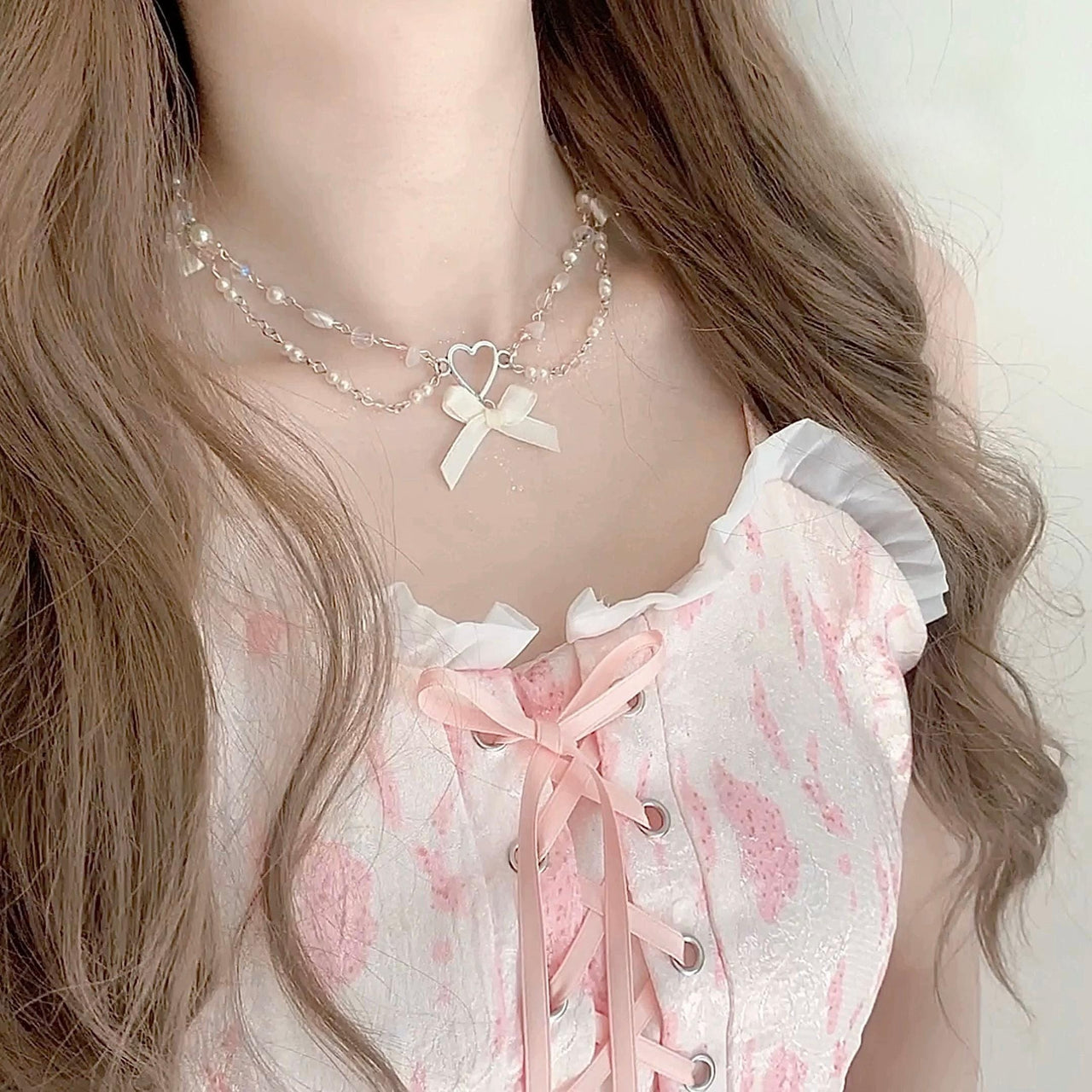 Sweet Layered Bowknot Heart Charm Pearl Chain Necklace