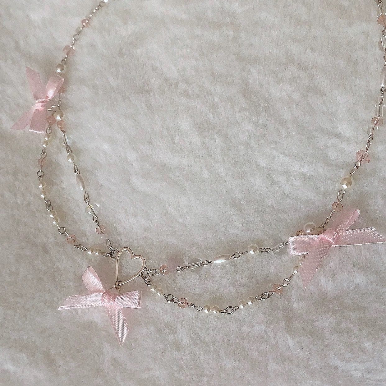 Sweet Layered Bowknot Heart Charm Pearl Chain Necklace