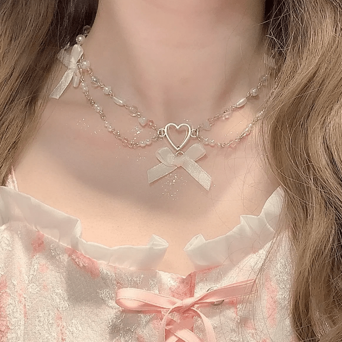 Sweet Layered Bowknot Heart Charm Pearl Chain Necklace