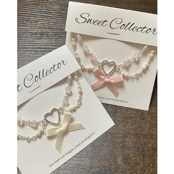 Sweet Layered Bowknot Heart Charm Pearl Chain Necklace