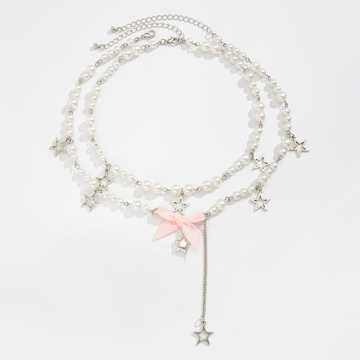 Sweet Layered Bowknot Star Tassel Pearl Chain Y Necklace Set - ArtGalleryZen
