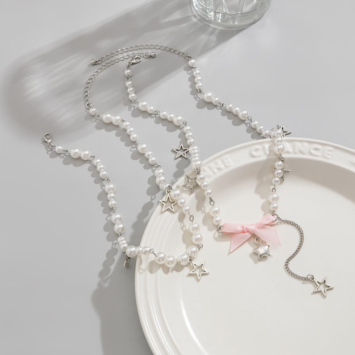 Sweet Layered Bowknot Star Tassel Pearl Chain Y Necklace Set - ArtGalleryZen