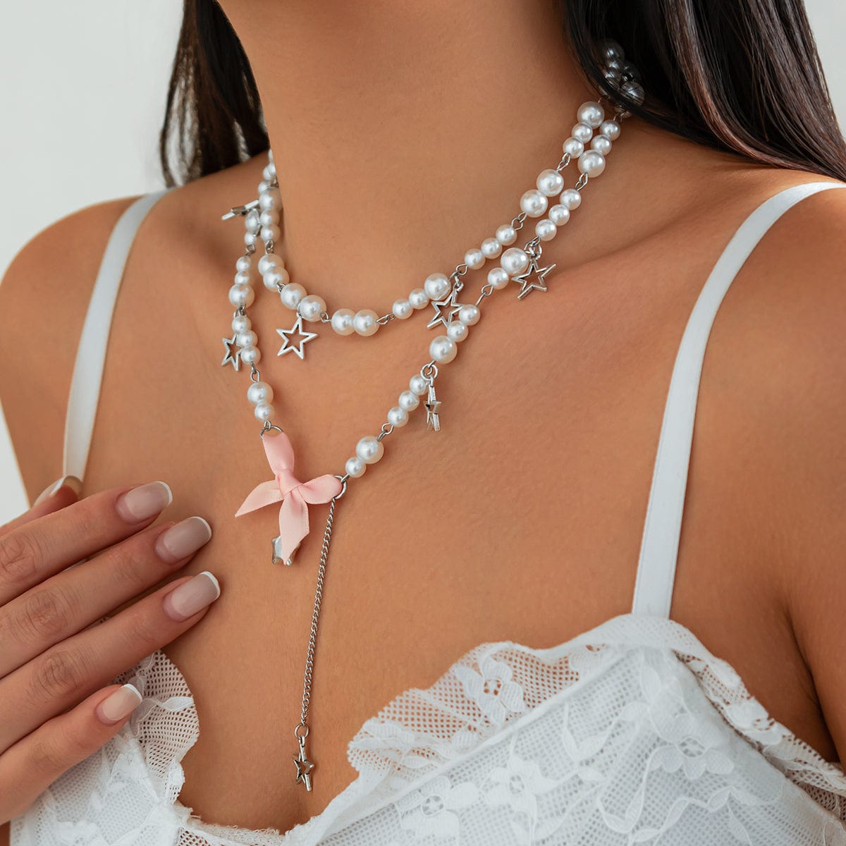 Sweet Layered Bowknot Star Tassel Pearl Chain Y Necklace Set - ArtGalleryZen
