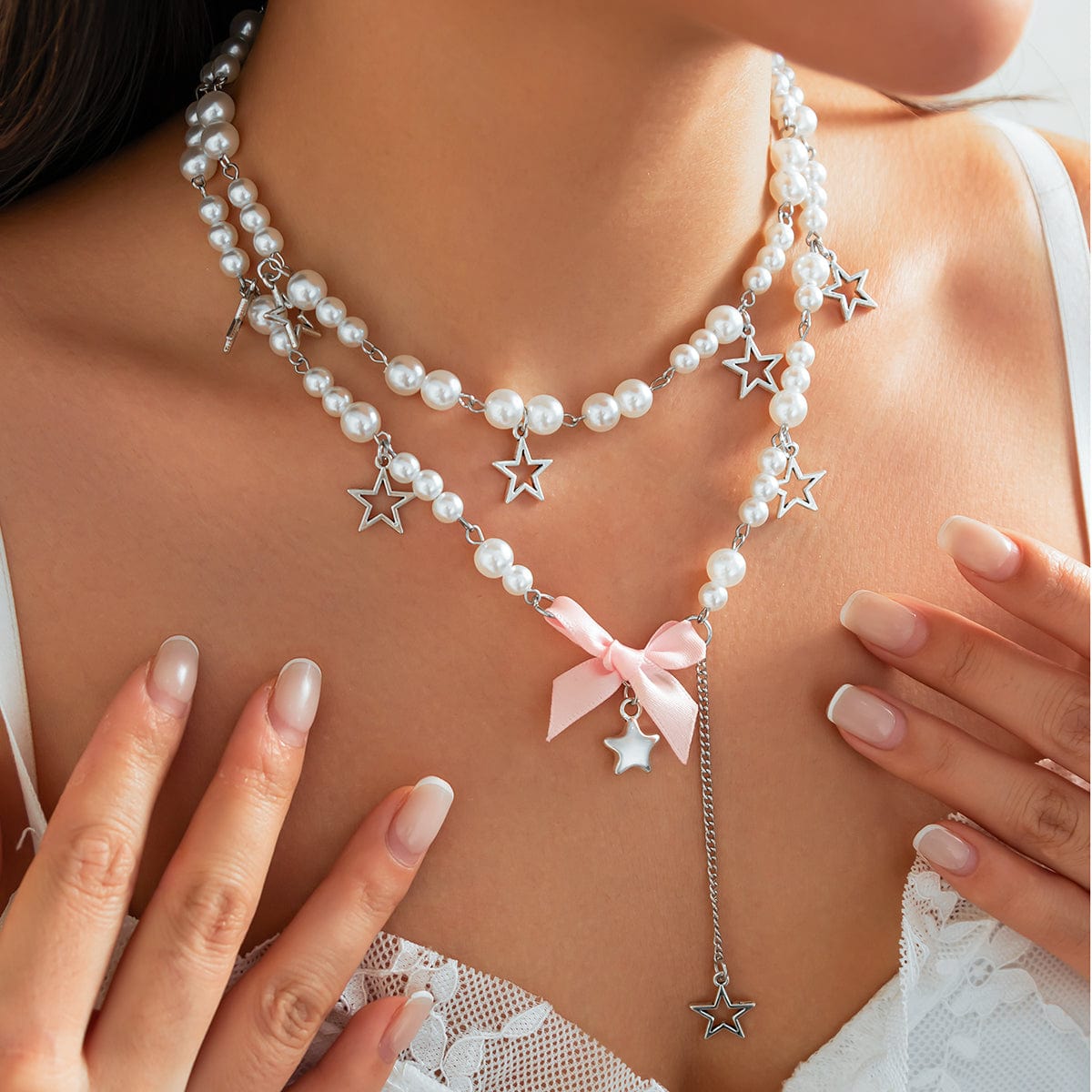 Sweet Layered Bowknot Star Tassel Pearl Chain Y Necklace Set - ArtGalleryZen