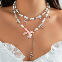 Thumbnail for Sweet Layered Bowknot Star Tassel Pearl Chain Y Necklace Set - ArtGalleryZen