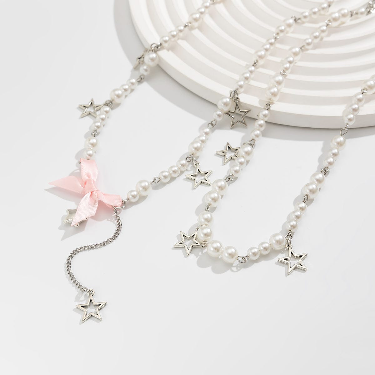 Sweet Layered Bowknot Star Tassel Pearl Chain Y Necklace Set - ArtGalleryZen