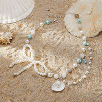 Thumbnail for Sweet Layered Shell Bowknot Charm Agate Pearl Chain Necklace - ArtGalleryZen