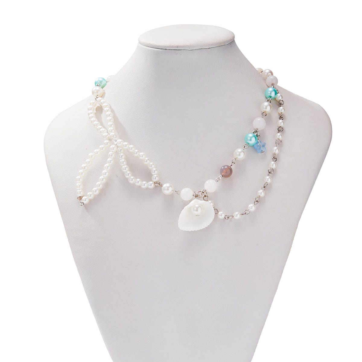 Sweet Layered Shell Bowknot Charm Agate Pearl Chain Necklace - ArtGalleryZen