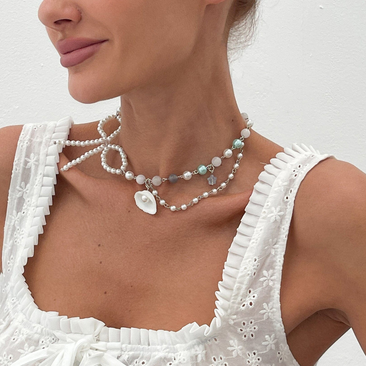 Sweet Layered Shell Bowknot Charm Agate Pearl Chain Necklace - ArtGalleryZen