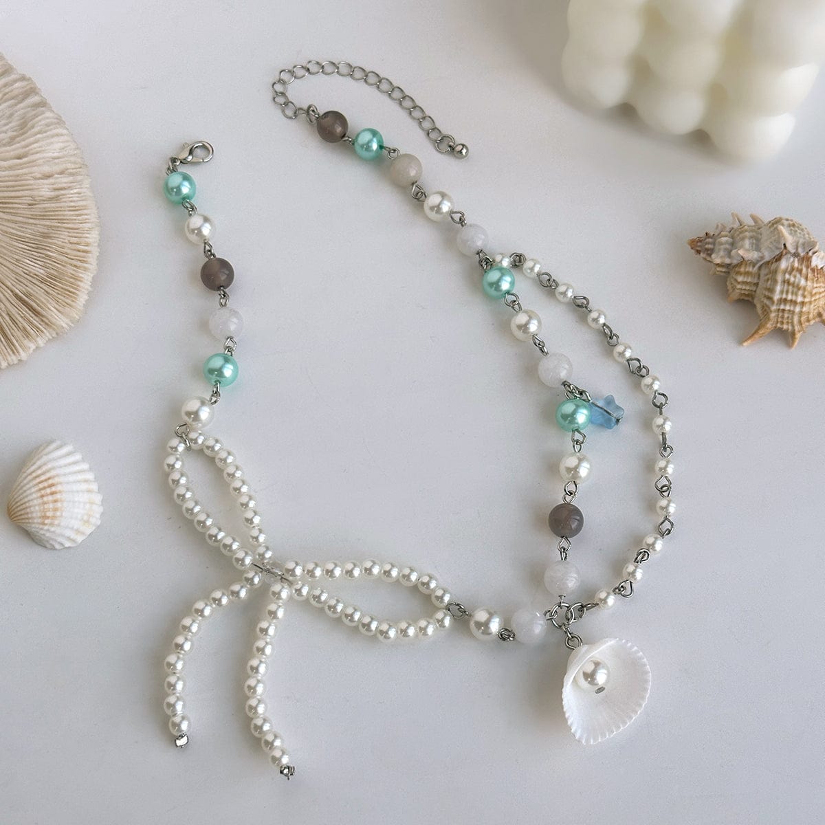 Sweet Layered Shell Bowknot Charm Agate Pearl Chain Necklace - ArtGalleryZen