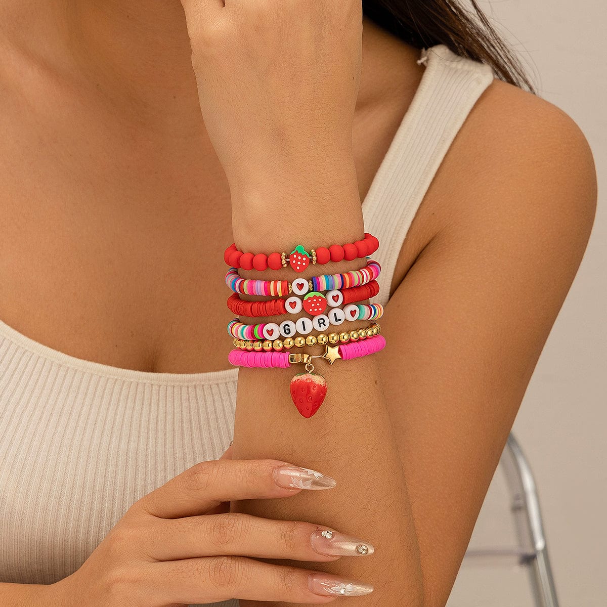 Sweet Layered Strawberry Charm Polymer Clay Letter Beaded Bracelet Set