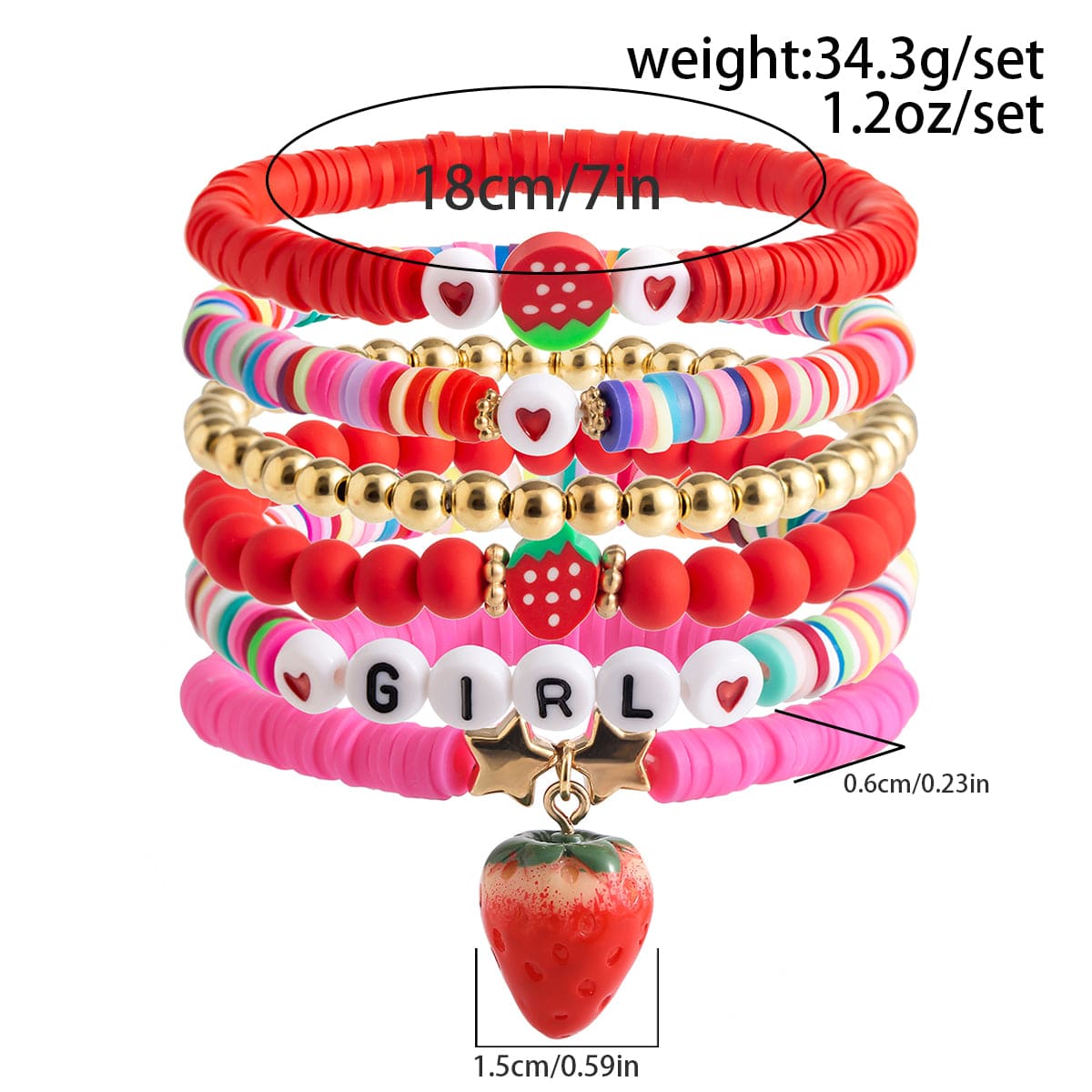 Sweet Layered Strawberry Charm Polymer Clay Letter Beaded Bracelet Set