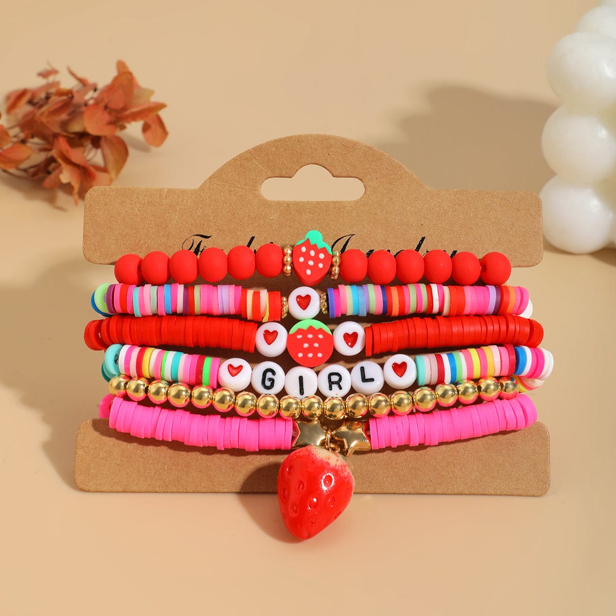 Sweet Layered Strawberry Charm Polymer Clay Letter Beaded Bracelet Set