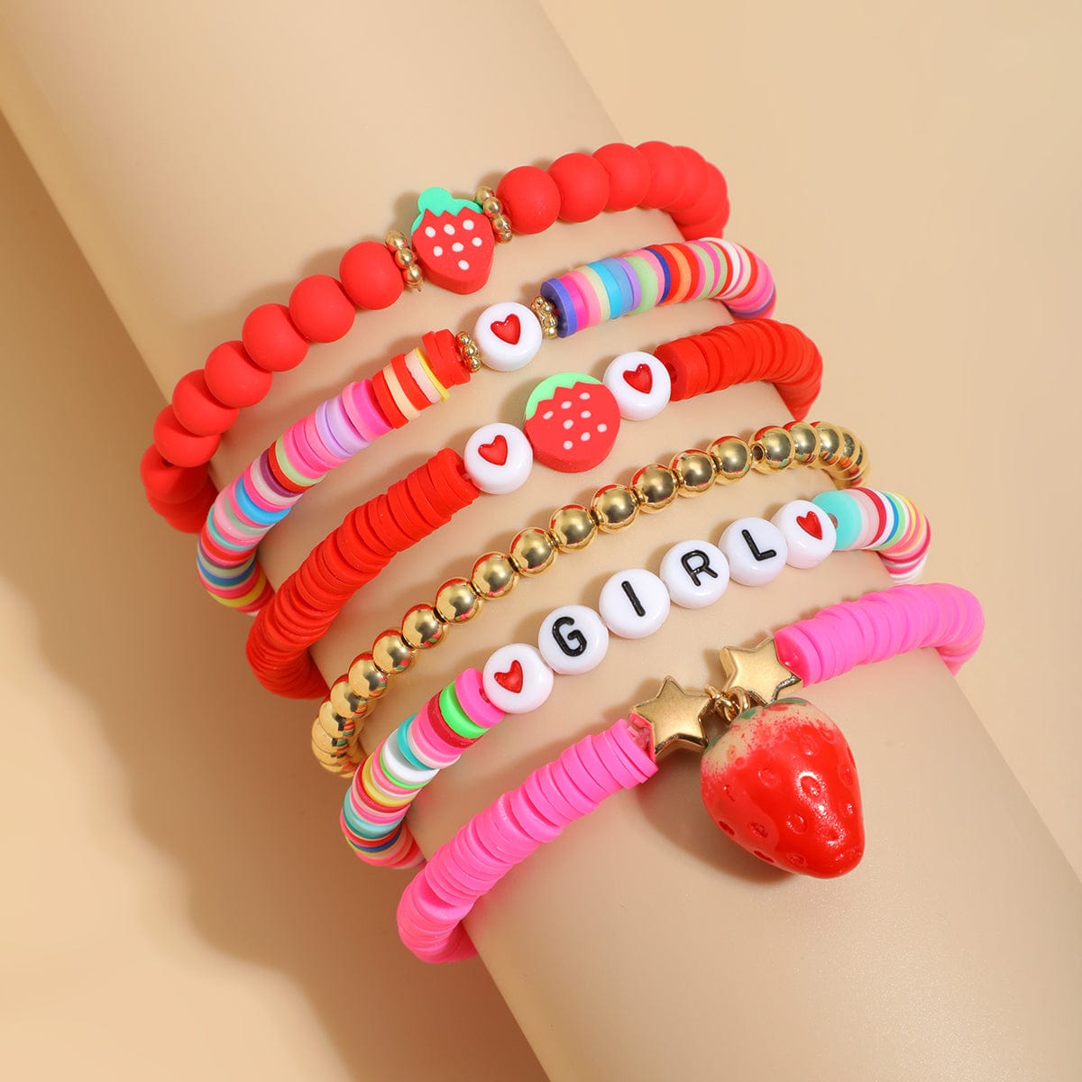 Sweet Layered Strawberry Charm Polymer Clay Letter Beaded Bracelet Set