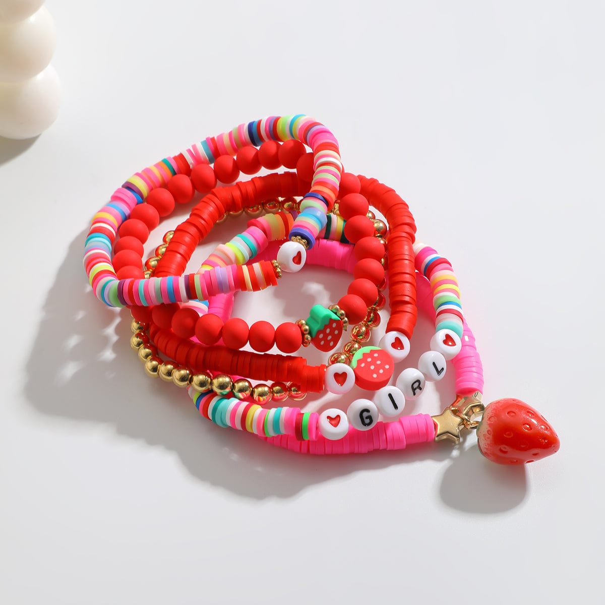 Sweet Layered Strawberry Charm Polymer Clay Letter Beaded Bracelet Set