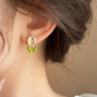 Thumbnail for Sweet Pearl Inlaid Cat's Eye Stone Tulip Earrings - ArtGalleryZen