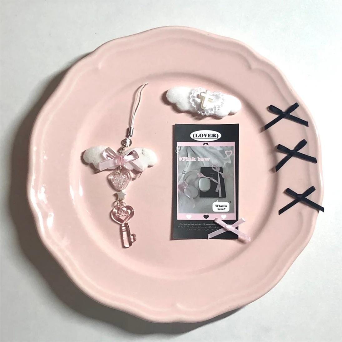 Sweet Pink Bowknot Wing Heart Star Keychain Phone Strap - ArtGalleryZen