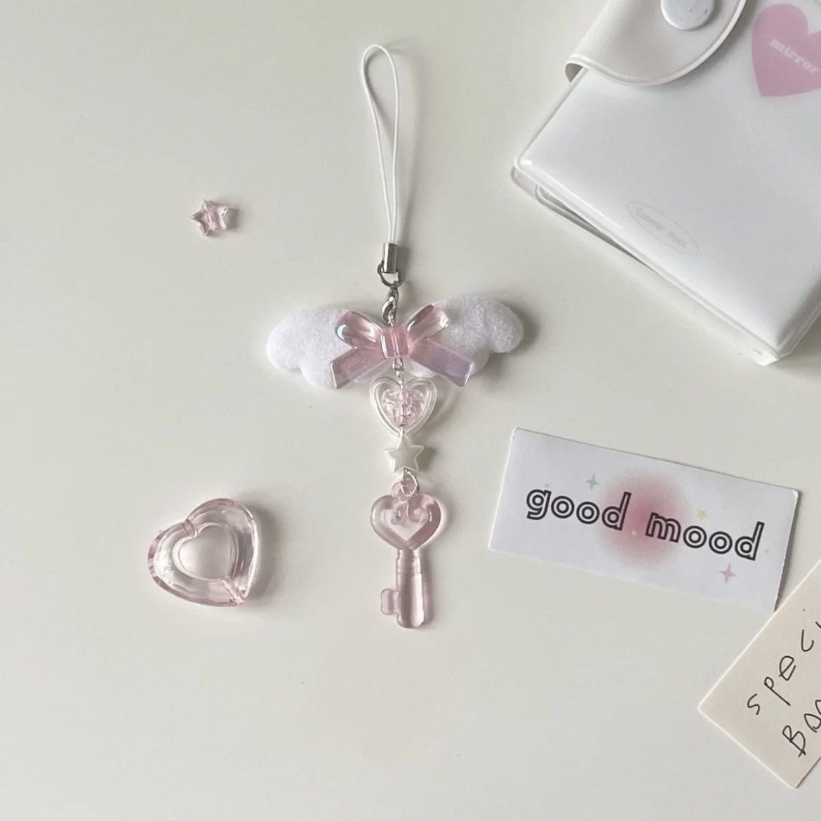 Sweet Pink Bowknot Wing Heart Star Keychain Phone Strap - ArtGalleryZen