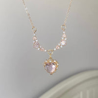 Thumbnail for Sweet Pink Crystal Heart Pendant CZ Inlaid Necklace - ArtGalleryZen