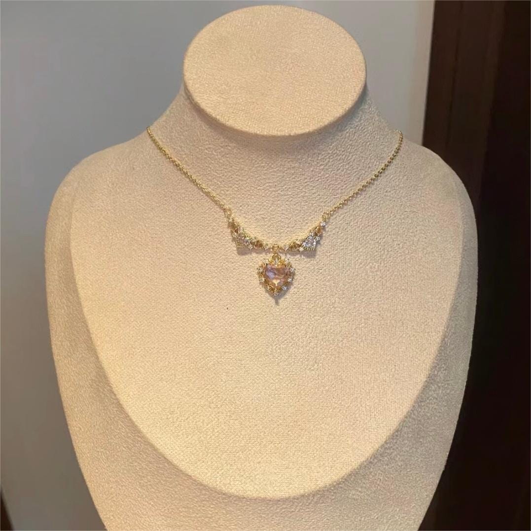 Sweet Pink Crystal Heart Pendant CZ Inlaid Necklace - ArtGalleryZen