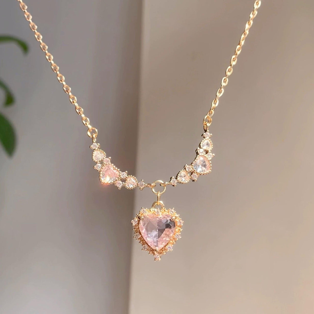 Sweet Pink Crystal Heart Pendant CZ Inlaid Necklace