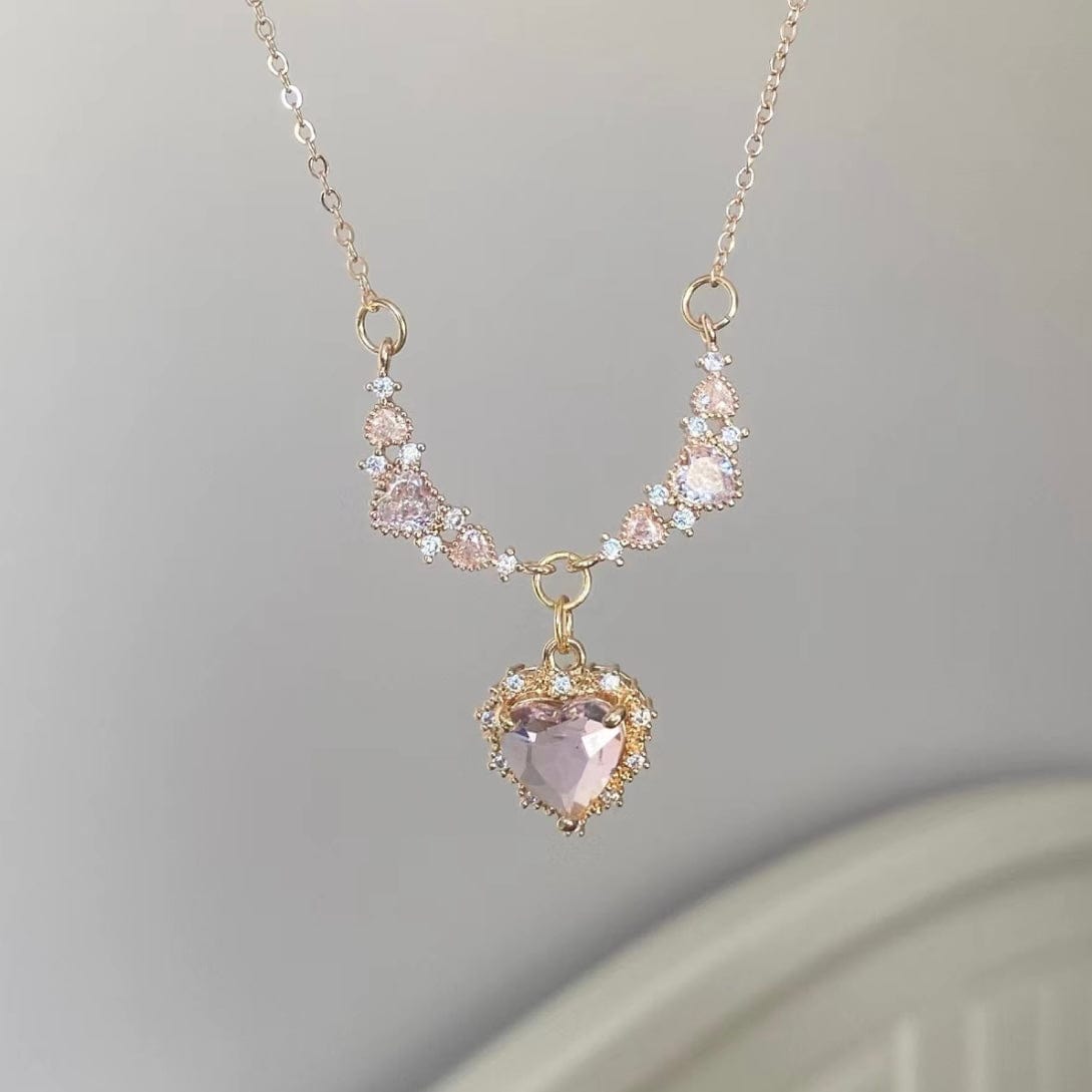 Sweet Pink Crystal Heart Pendant CZ Inlaid Necklace