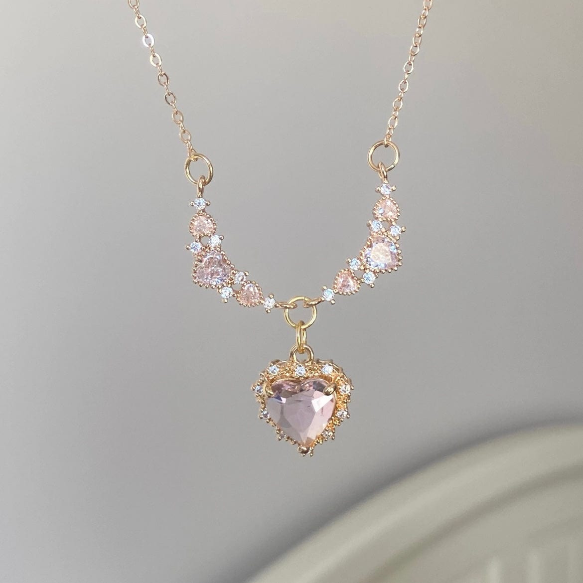 Sweet Pink Crystal Heart Pendant CZ Inlaid Necklace