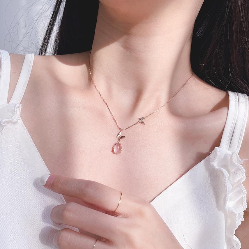 Sweet Pink Crystal Pendant Enamel Butterfly Necklace - ArtGalleryZen