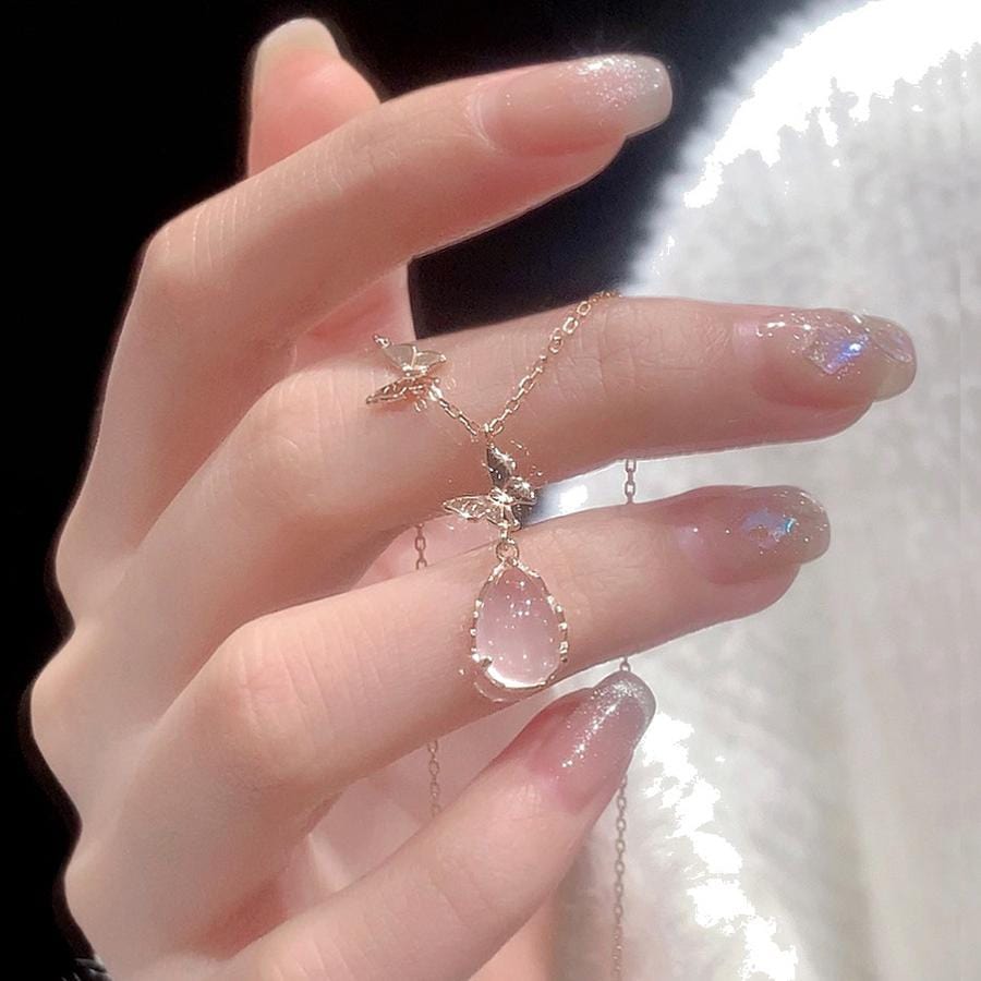 Sweet Pink Crystal Pendant Enamel Butterfly Necklace - ArtGalleryZen