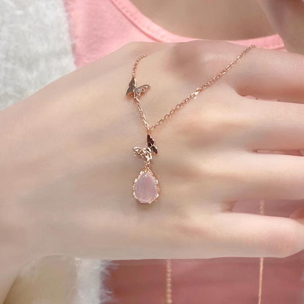 Sweet Pink Crystal Pendant Enamel Butterfly Necklace - ArtGalleryZen