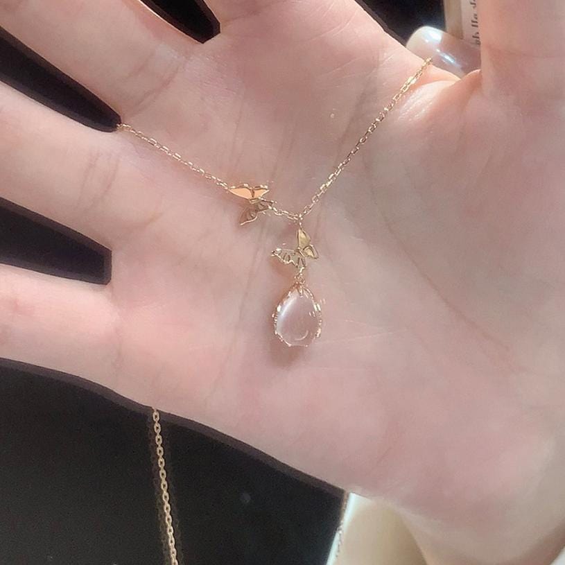 Sweet Pink Crystal Pendant Enamel Butterfly Necklace - ArtGalleryZen