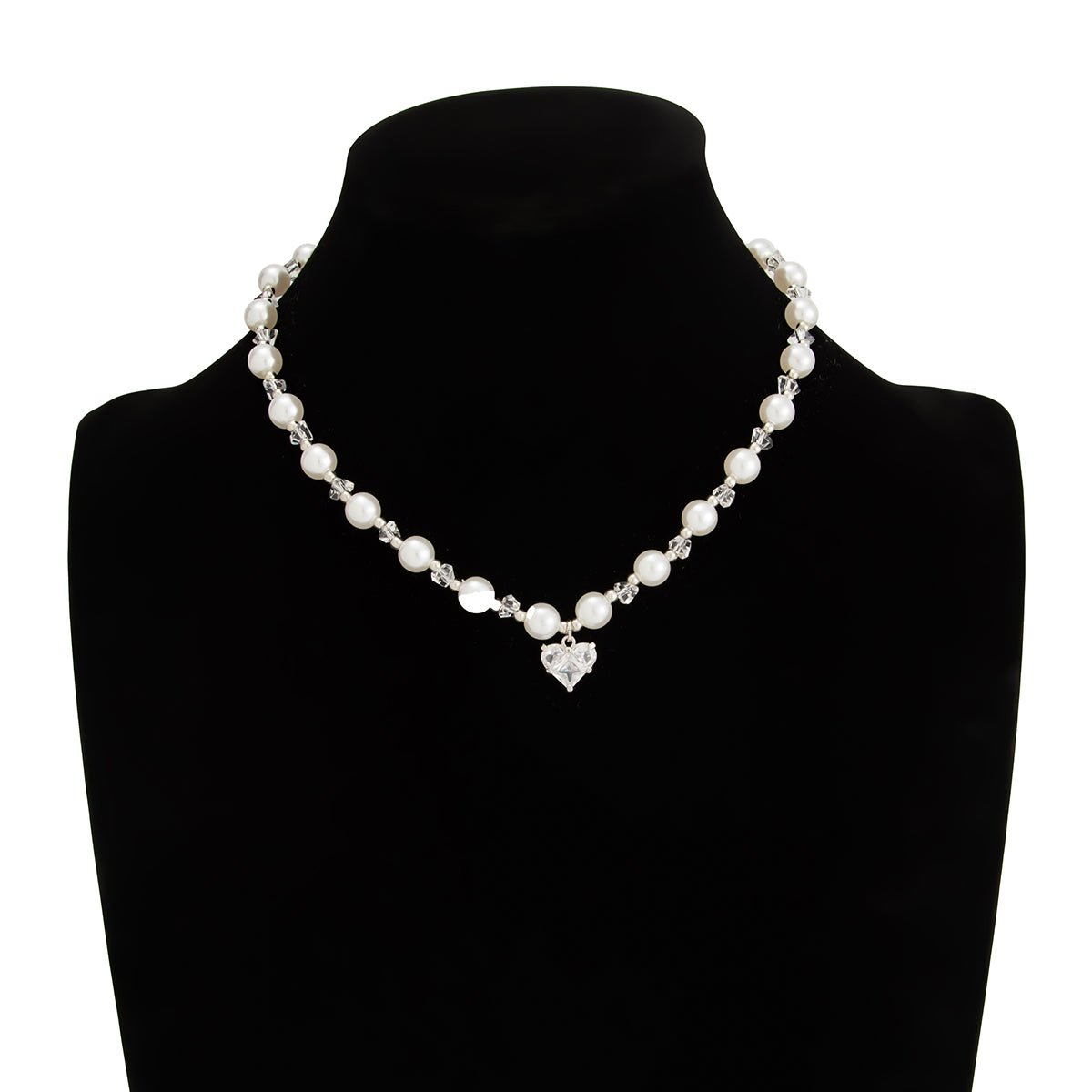 Sweet Rhinestone Heart Pendant Pearl Seed Beaded Choker Necklace - ArtGalleryZen