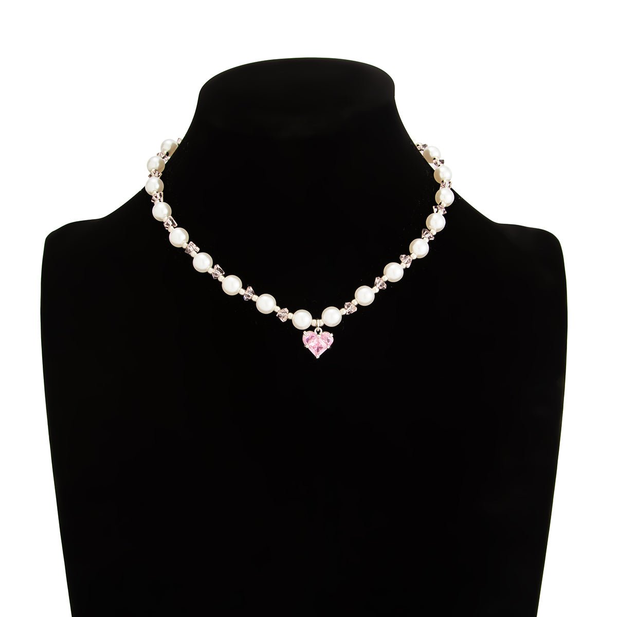 Sweet Rhinestone Heart Pendant Pearl Seed Beaded Choker Necklace - ArtGalleryZen