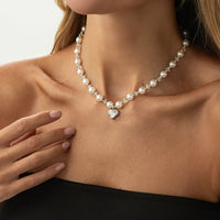 Thumbnail for Sweet Rhinestone Heart Pendant Pearl Seed Beaded Choker Necklace - ArtGalleryZen