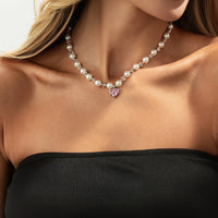 Thumbnail for Sweet Rhinestone Heart Pendant Pearl Seed Beaded Choker Necklace - ArtGalleryZen