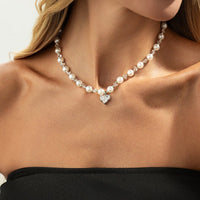 Thumbnail for Sweet Rhinestone Heart Pendant Pearl Seed Beaded Choker Necklace - ArtGalleryZen