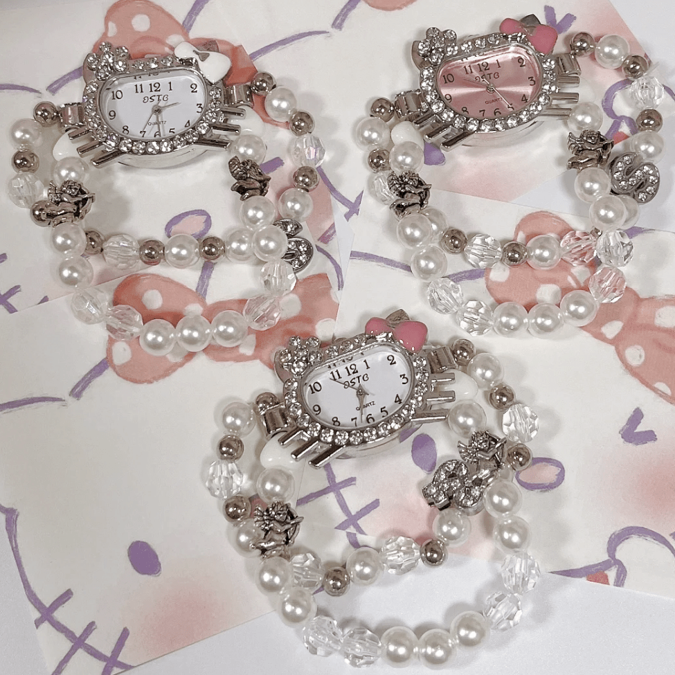 Sweet Rhinestone Inlaid Cupid Charm Pearl Chain Hello Kitty Watch - ArtGalleryZen