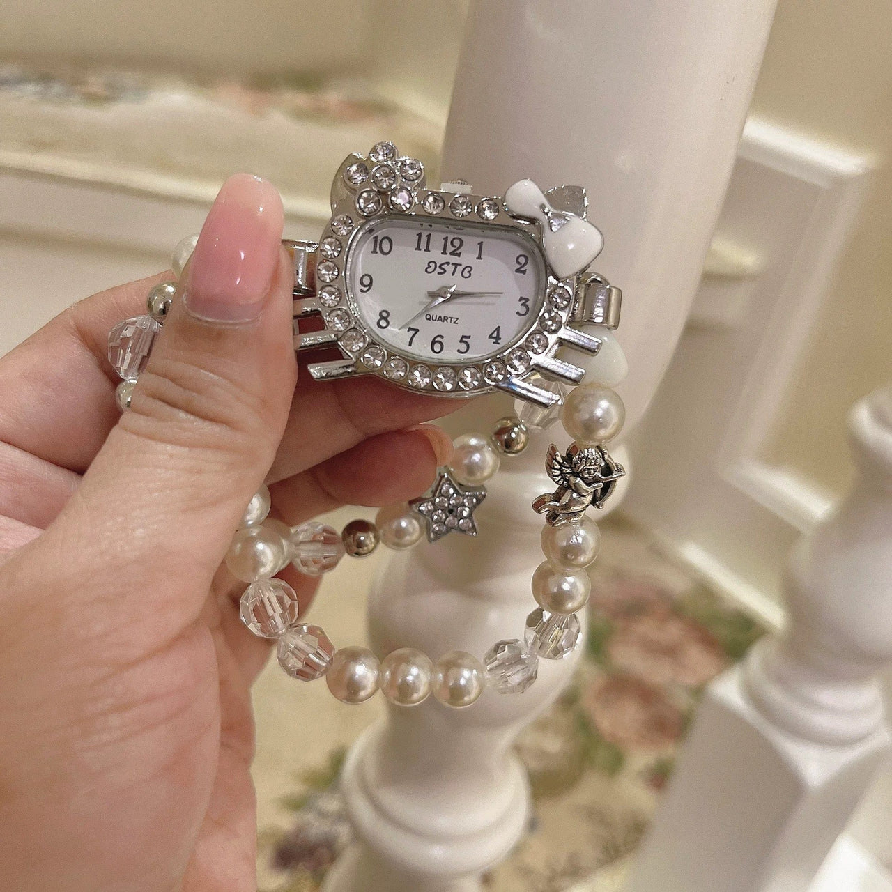 Sweet Rhinestone Inlaid Cupid Charm Pearl Chain Hello Kitty Watch