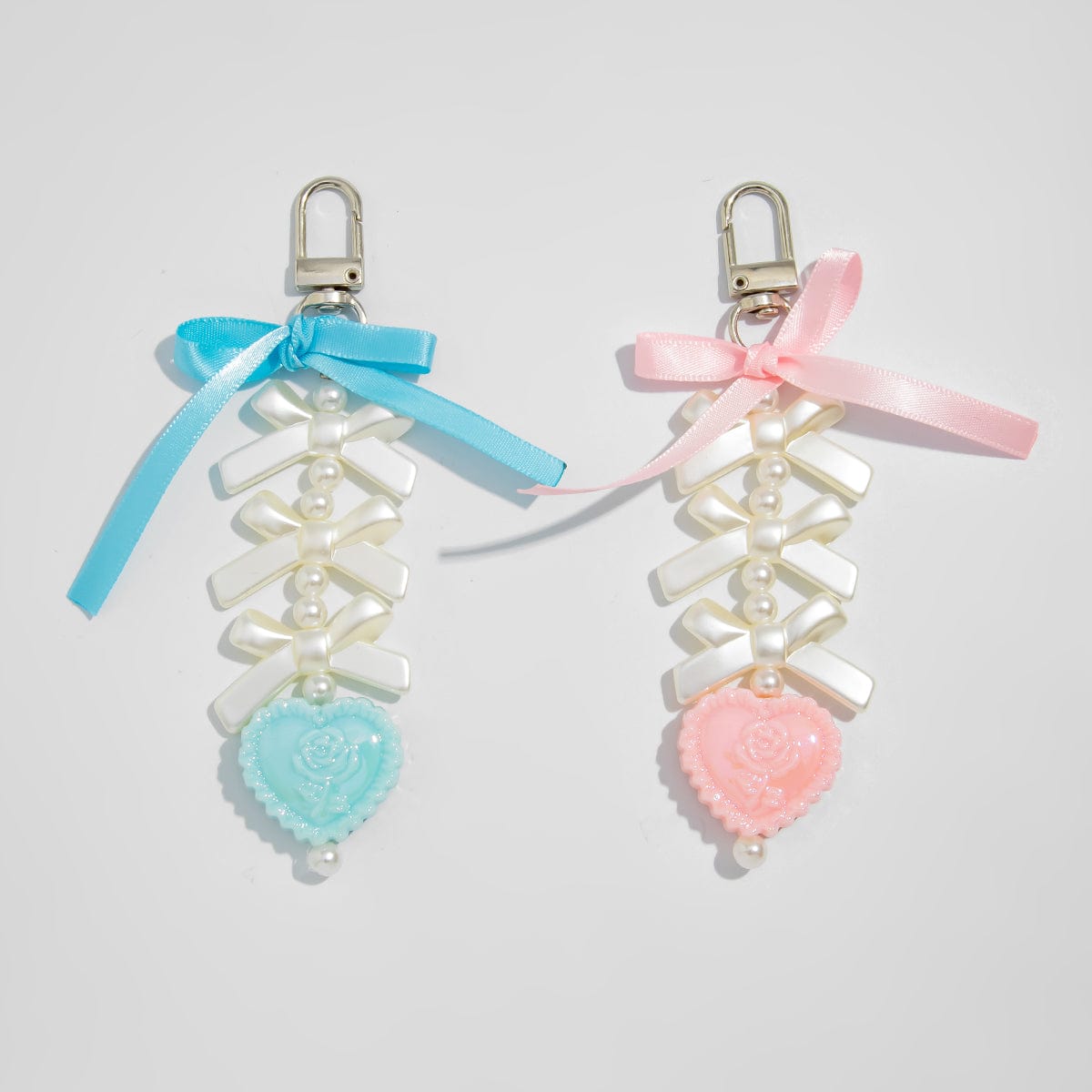 Sweet Ribbon Bowknot Floral Heart Charm Pearl Beaded Keychain Set - ArtGalleryZen