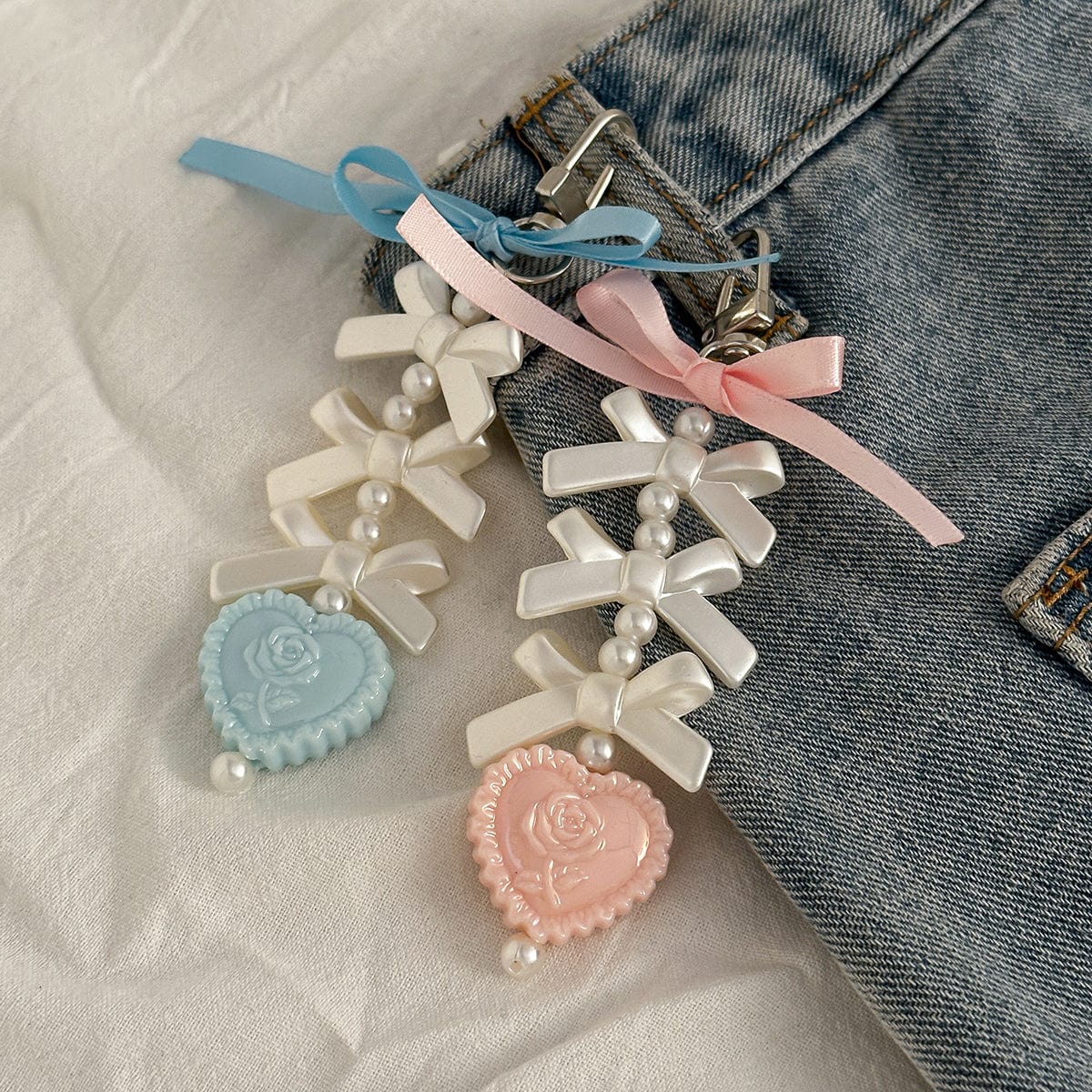 Sweet Ribbon Bowknot Floral Heart Charm Pearl Beaded Keychain Set - ArtGalleryZen