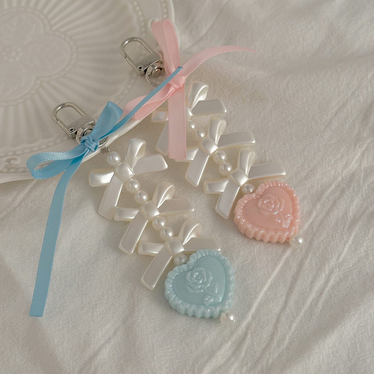 Sweet Ribbon Bowknot Floral Heart Charm Pearl Beaded Keychain Set - ArtGalleryZen